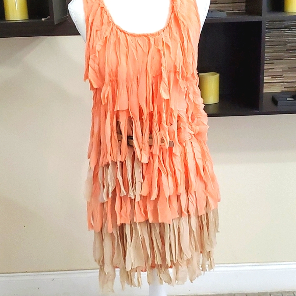 Blu Pepper Vintage Boho Fairy Goddess Peach & Tan Shaggy Sheath Mini Dress S